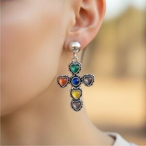 Multicolor Heart Cross Drop Earrings